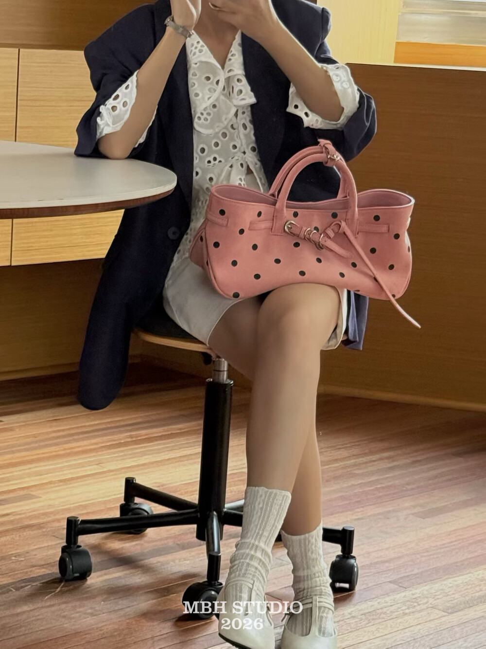 MBH Polka Dot Suede Belt Buckle Casual Tote Bag