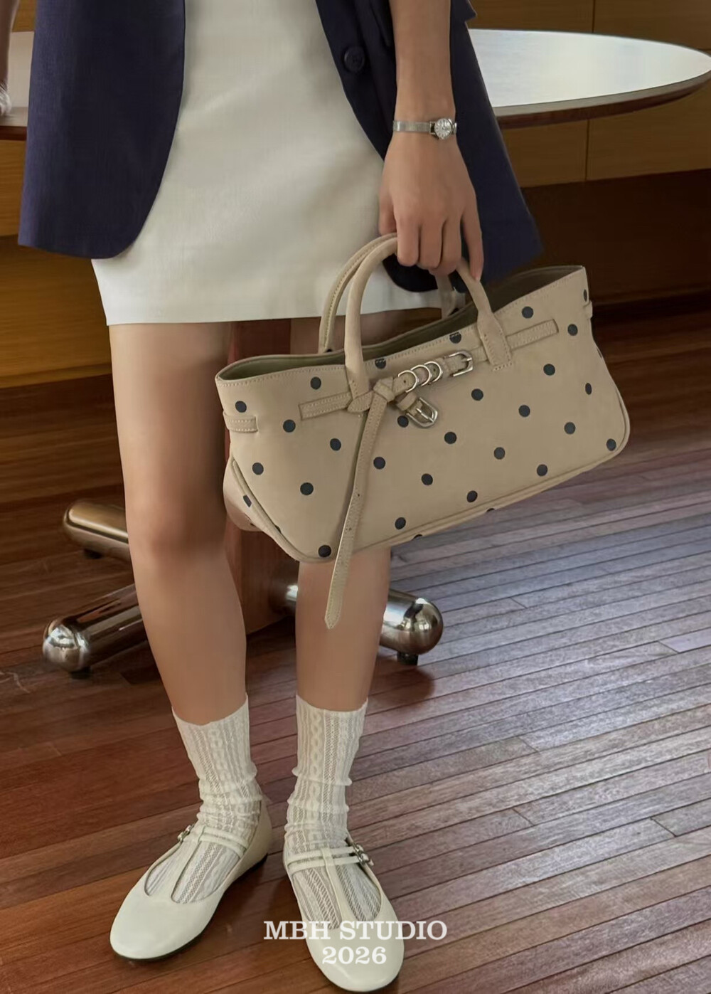 MBH Polka Dot Suede Belt Buckle Casual Tote Bag - Image 3