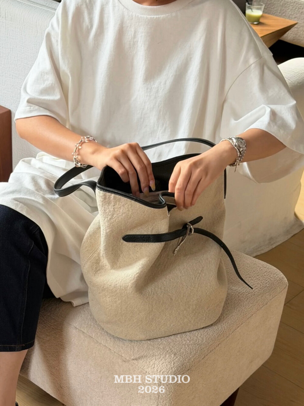 MBH Minimalist Linen Bucket Bag Relaxed Old Money Casual Shoulder Bag