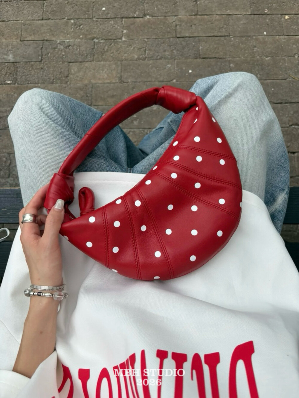 MBH Red Sheepskin Polka Dot Horn Handbag Small Design