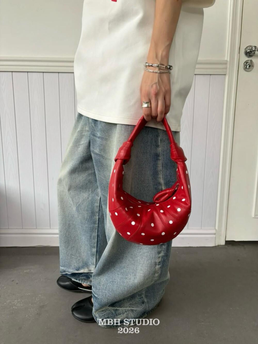 MBH Red Sheepskin Polka Dot Horn Handbag Small Design - Image 3