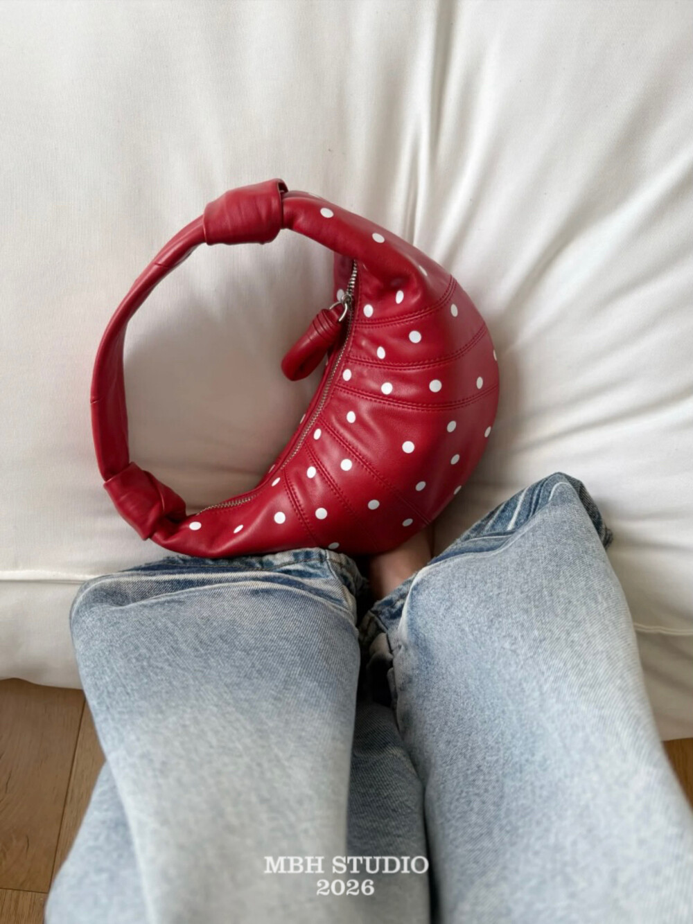 MBH Red Sheepskin Polka Dot Horn Handbag Small Design - Image 4