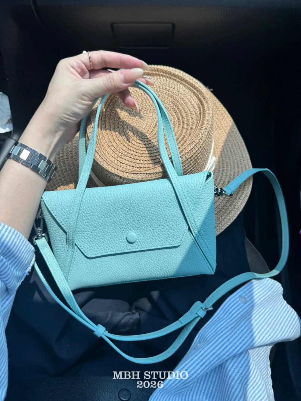 MBH Summer New Litchi Grain Cowhide Mini Envelope Bag Candy Color Handbag with Shoulder Strap