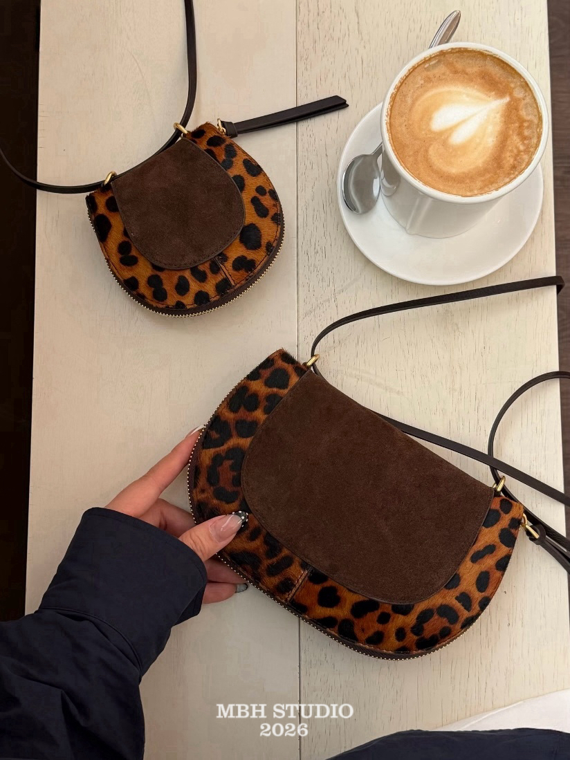 MBH Leopard Print Shell Bag Matte Leather and Cow Hair Shoulder Crossbody - Image 2