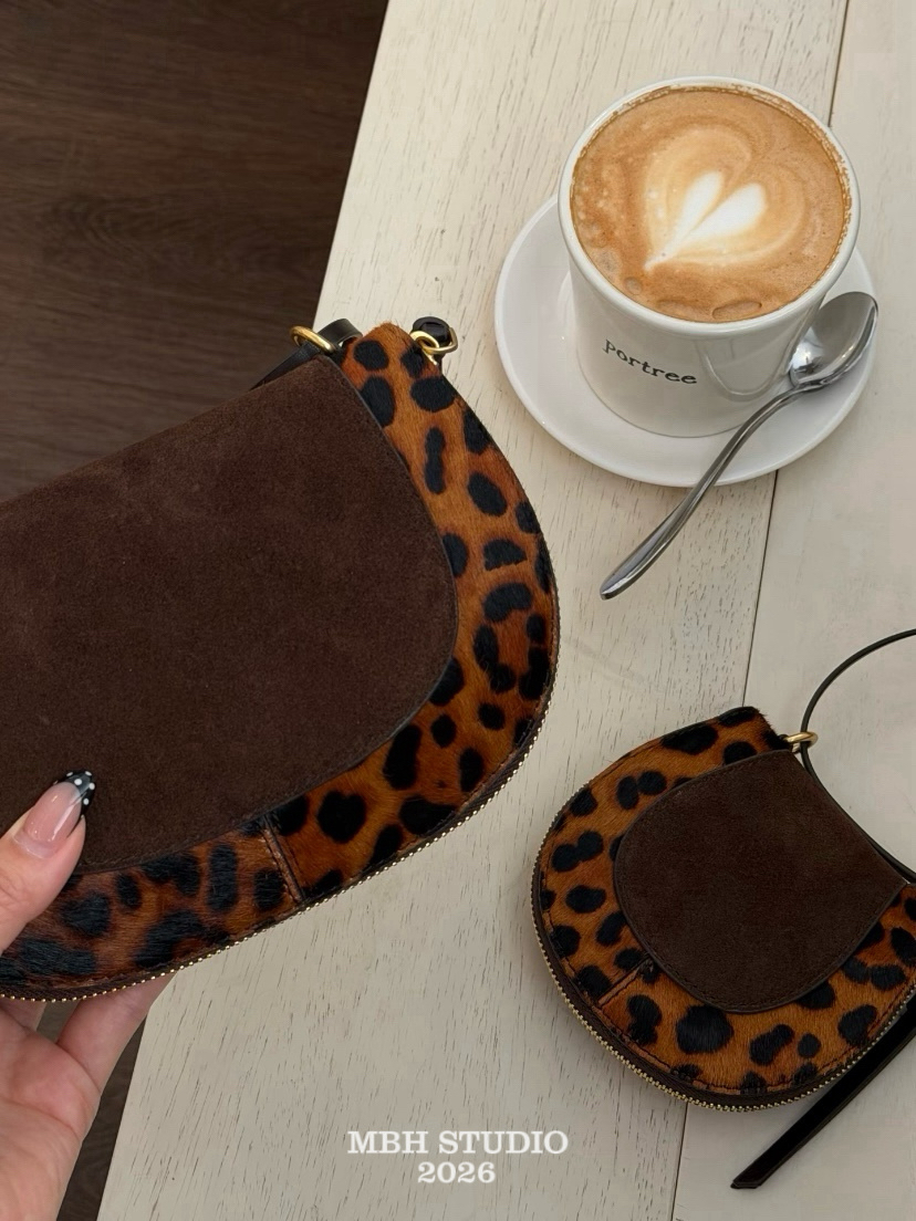 MBH Leopard Print Shell Bag Matte Leather and Cow Hair Shoulder Crossbody - Image 3