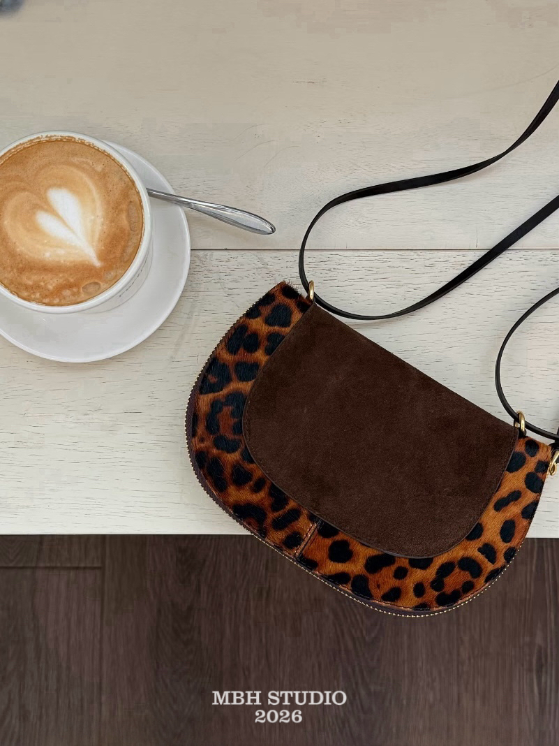 MBH Leopard Print Shell Bag Matte Leather and Cow Hair Shoulder Crossbody - Image 4