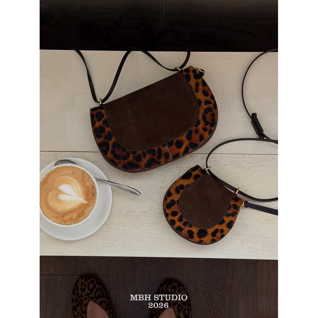 MBH Leopard Print Shell Bag Matte Leather and Cow Hair Shoulder Crossbody - Image 5