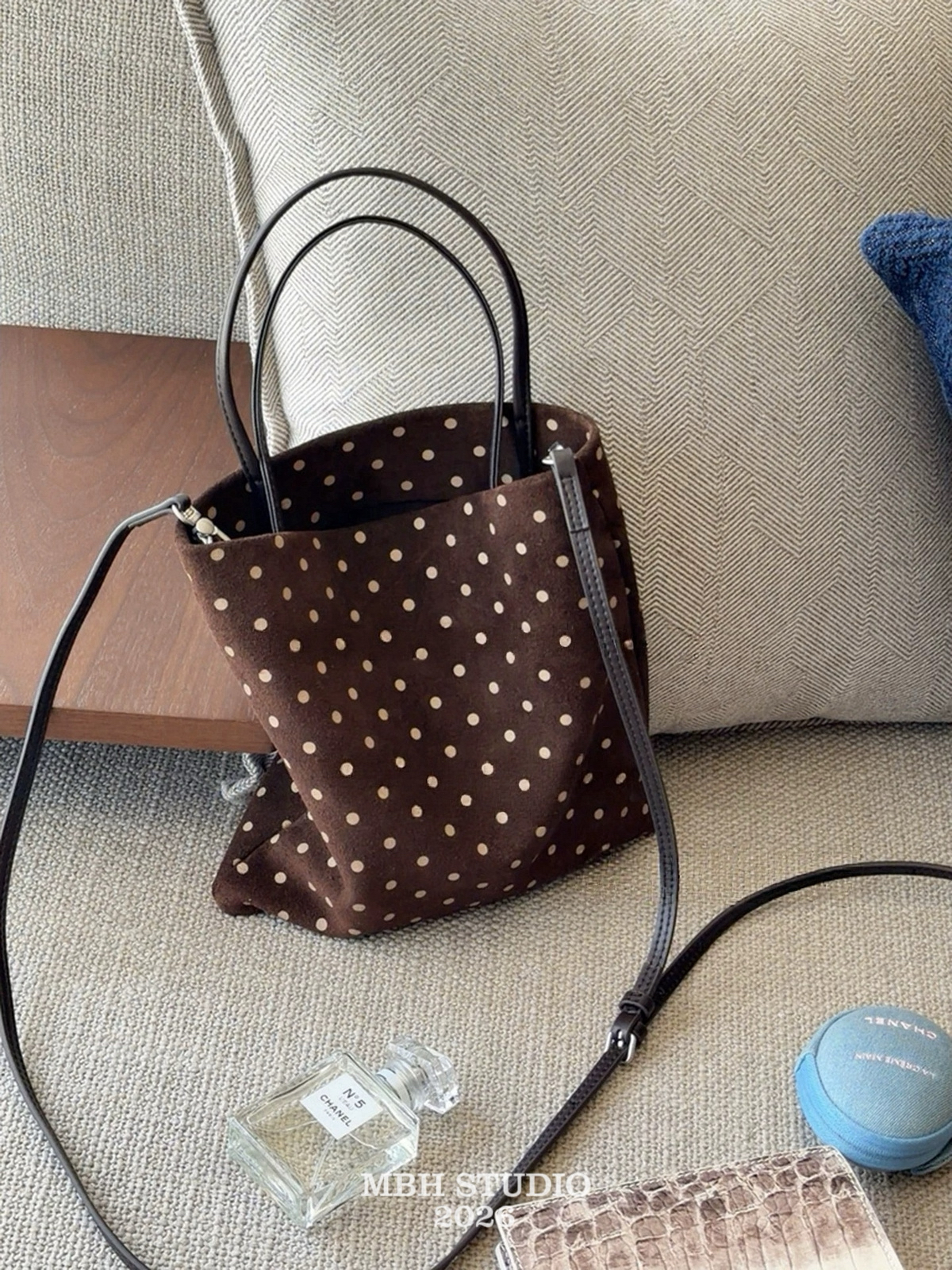 MBH Early Autumn Coffee Brown Suede Polka Dot Small Tote Crossbody Handbag