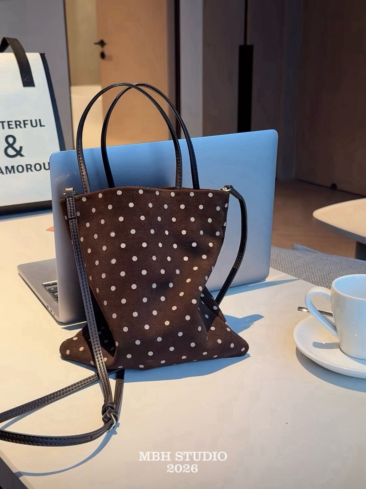 MBH Early Autumn Coffee Brown Suede Polka Dot Small Tote Crossbody Handbag - Image 2