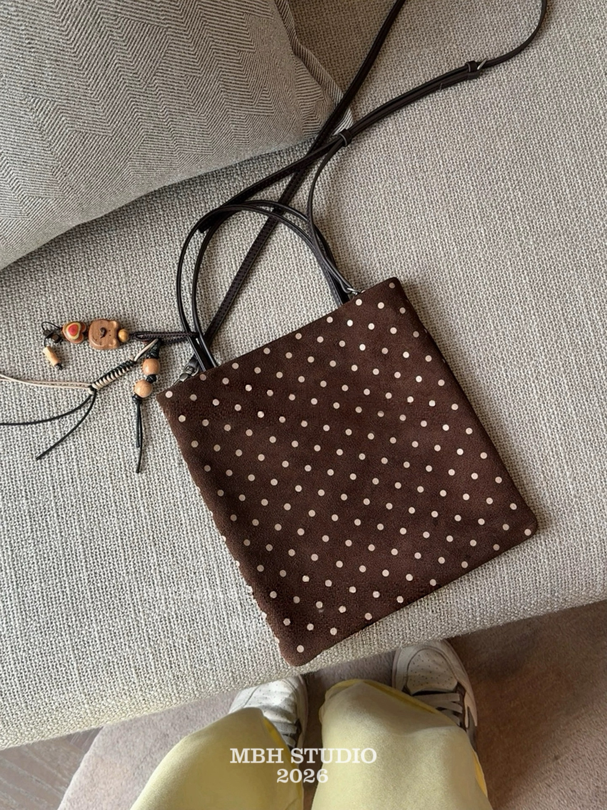 MBH Early Autumn Coffee Brown Suede Polka Dot Small Tote Crossbody Handbag - Image 3