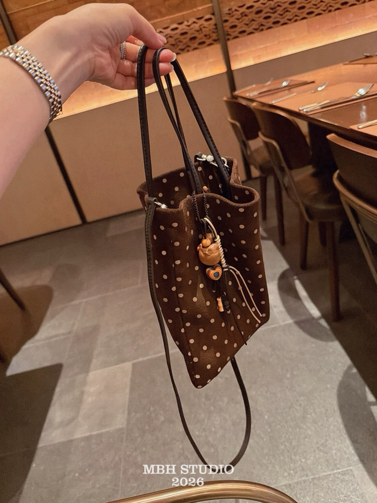 MBH Early Autumn Coffee Brown Suede Polka Dot Small Tote Crossbody Handbag - Image 4