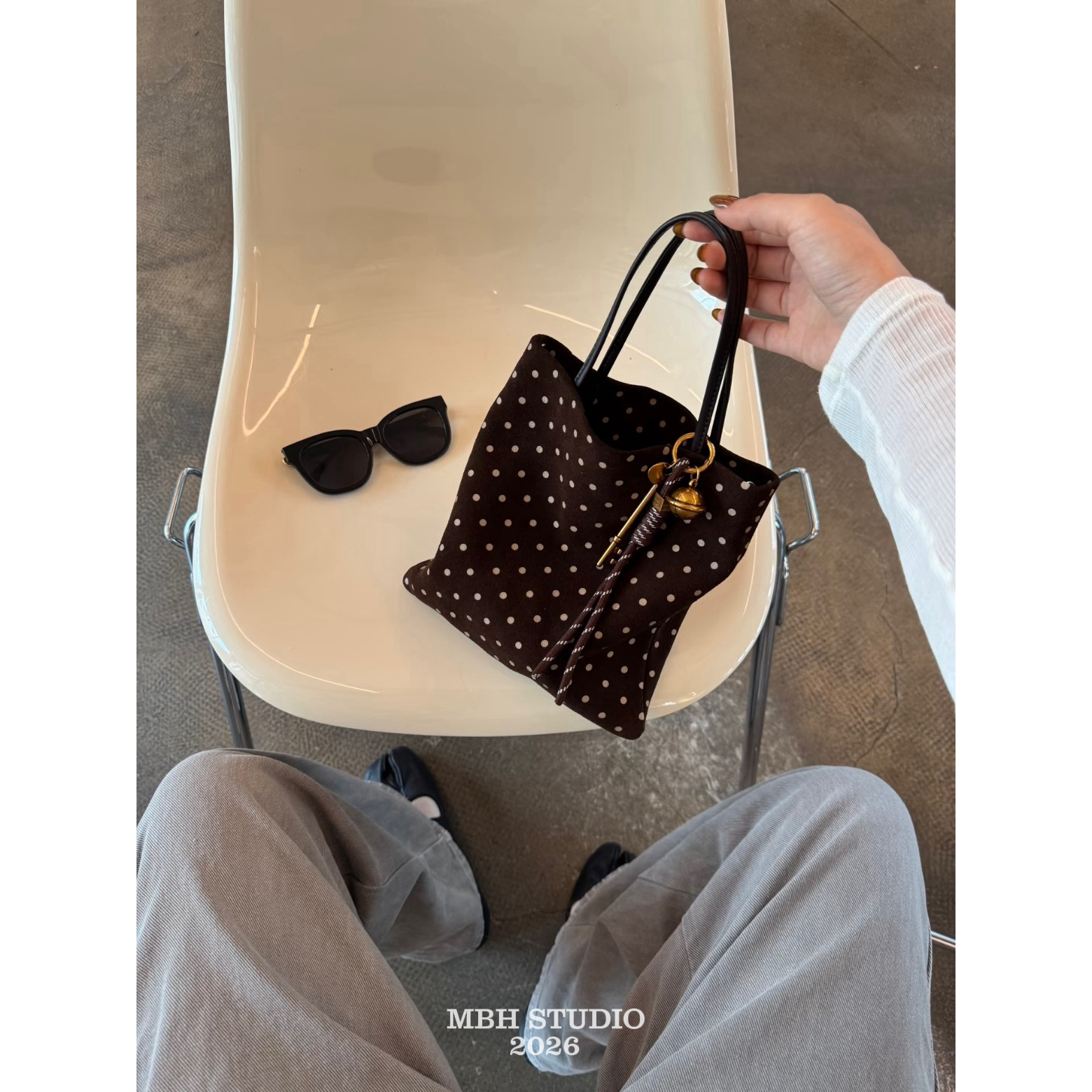 MBH Early Autumn Coffee Brown Suede Polka Dot Small Tote Crossbody Handbag - Image 5