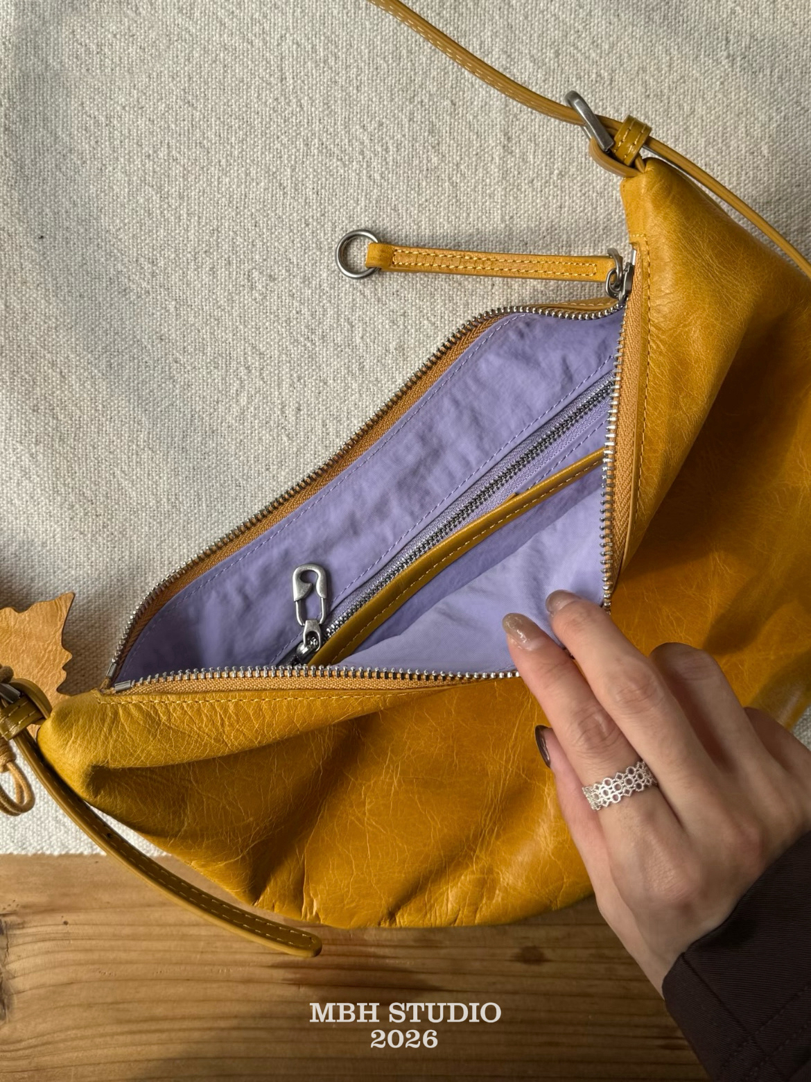 MBH Top Layer Cowhide Crescent Shoulder Bag - Minimalist Zip Women's Bag - Image 3