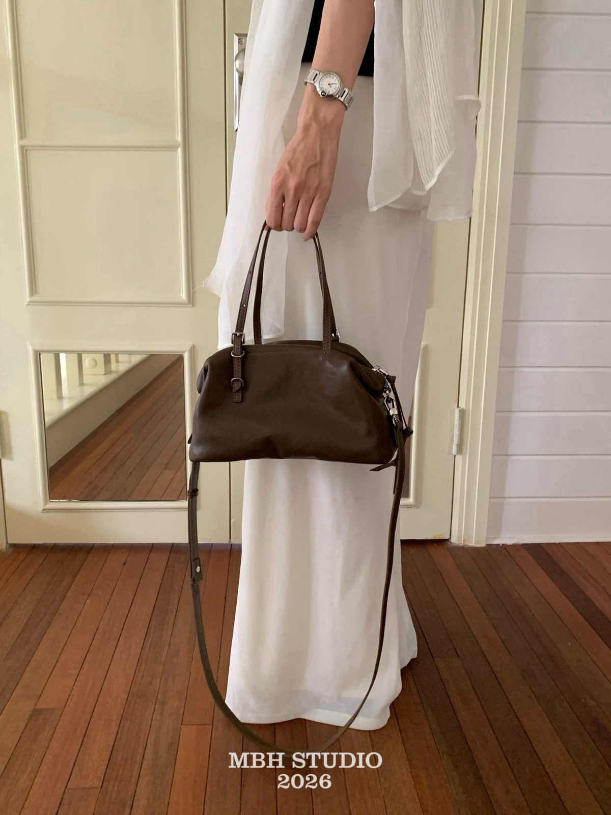 New Autumn Arrival! Vegetable-Tanned Top Layer Cowhide Ruched Bowling Bag Korean Niche Versatile Crossbody Handbag