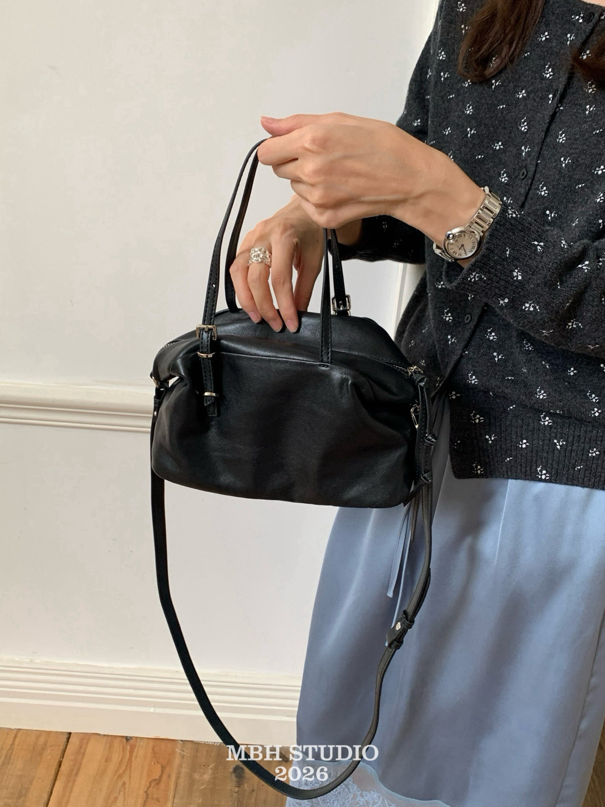 New Autumn Arrival! Vegetable-Tanned Top Layer Cowhide Ruched Bowling Bag Korean Niche Versatile Crossbody Handbag - Image 3