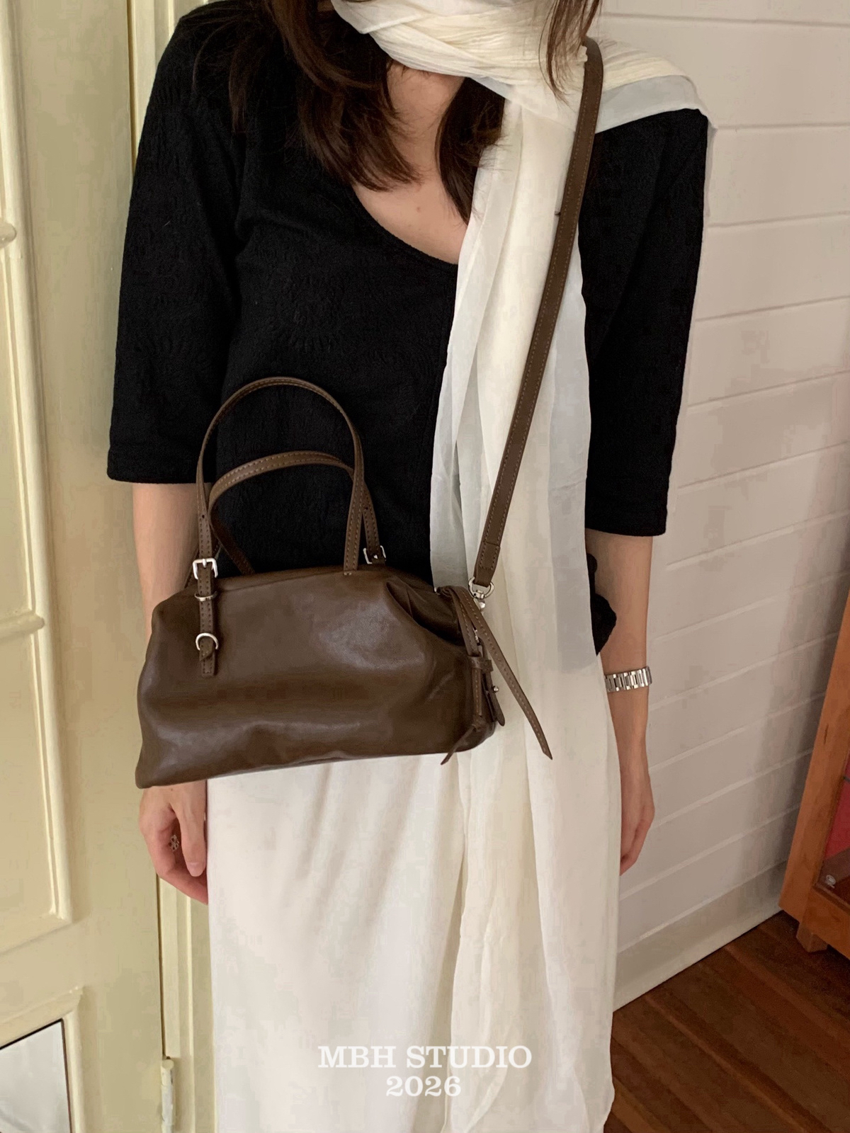 New Autumn Arrival! Vegetable-Tanned Top Layer Cowhide Ruched Bowling Bag Korean Niche Versatile Crossbody Handbag - Image 4