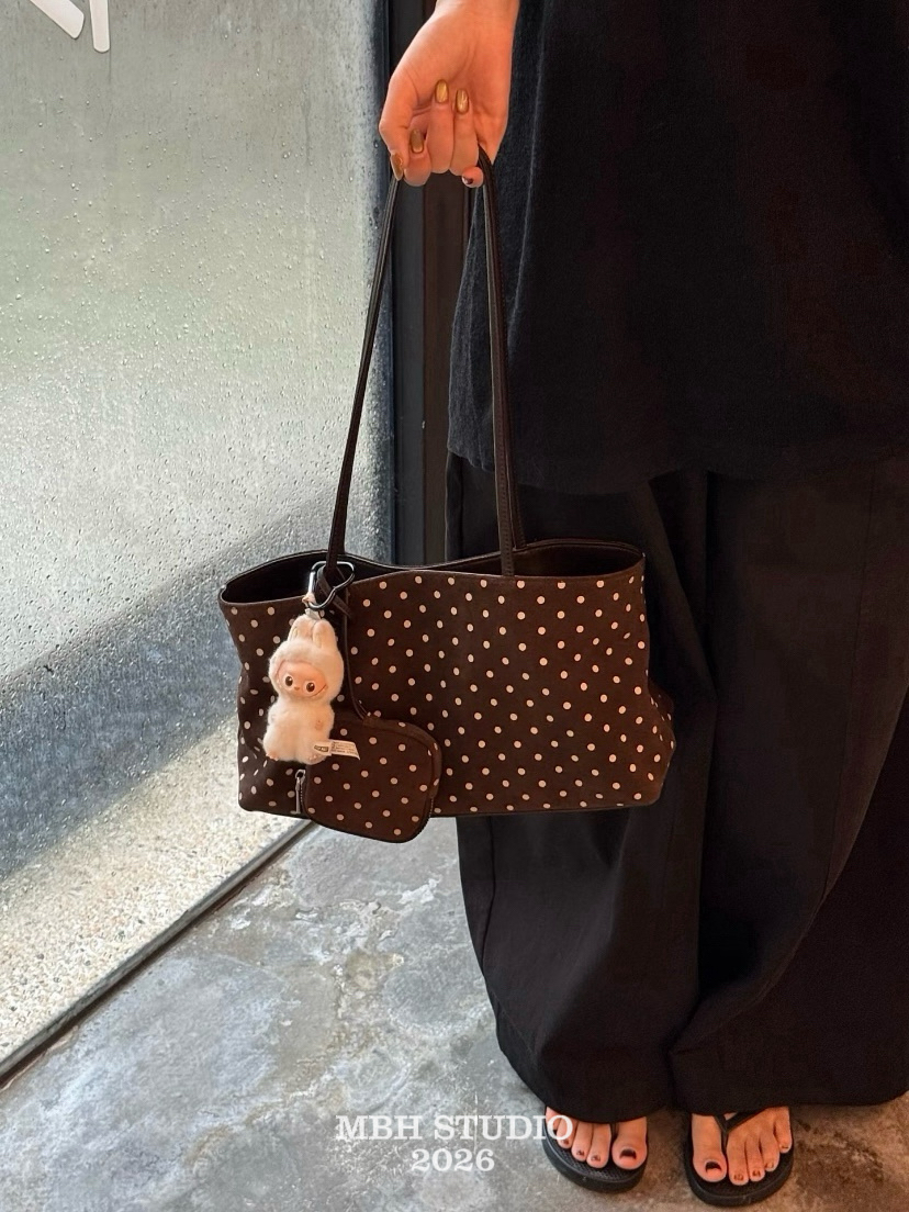 MBH French Vintage Polka Dot Tote Bag Leather Large Capacity Shoulder Bag with Small Pouch - Image 2