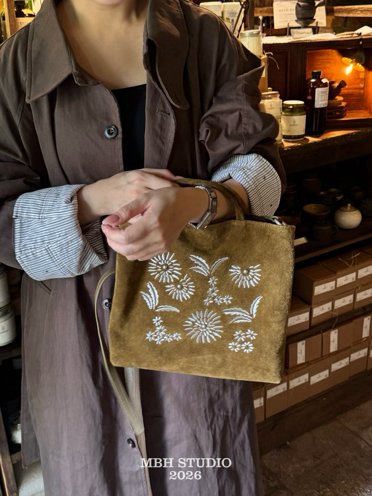 MBH Handmade Crochet Daisy Suede Tote Bag Embroidered Boho Eastern Aesthetic - Image 2