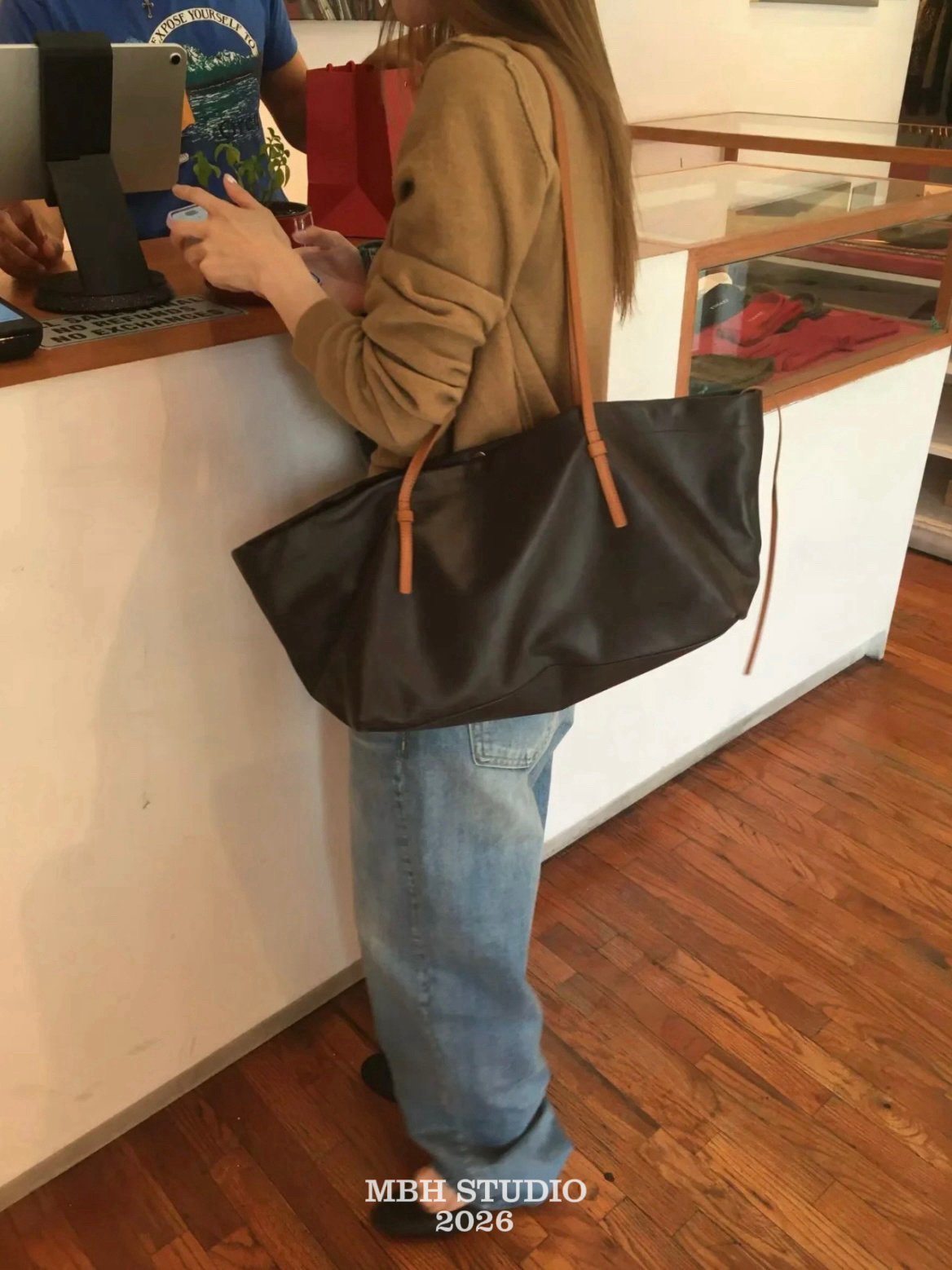 MBH Korean Dongdaemun Minimalist Open-Top Thin-Strap Tote Bag Genuine Leather Large-Capacity Shoulder Bag